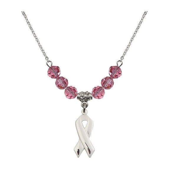 18-Inch Rhodium Plated Necklace with 6mm Rose Pink October Birth Month Stone Beads and Cancer Awareness Charm