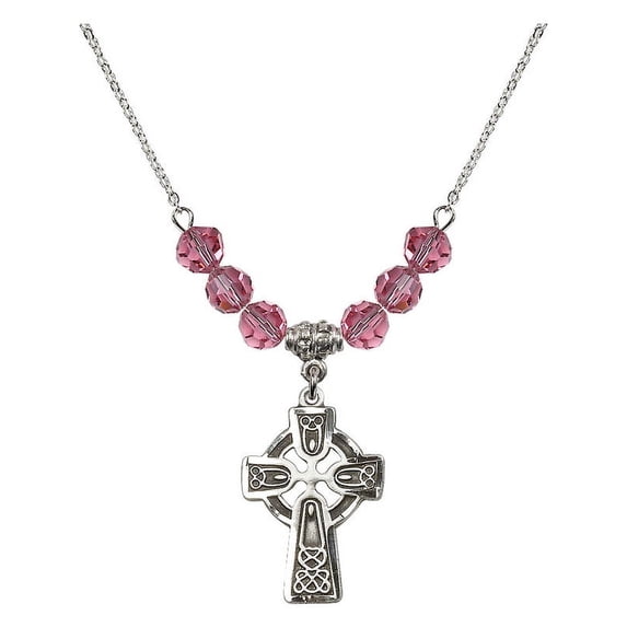 18-Inch Rhodium Plated Necklace with 6mm Rose Pink October Birth Month Stone Beads and Celtic Cross Charm