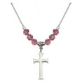 thumbnail image 1 of 18-Inch Rhodium Plated Necklace with 6mm Rose Pink October Birth Month Stone Beads and Cross Charm, 1 of 1