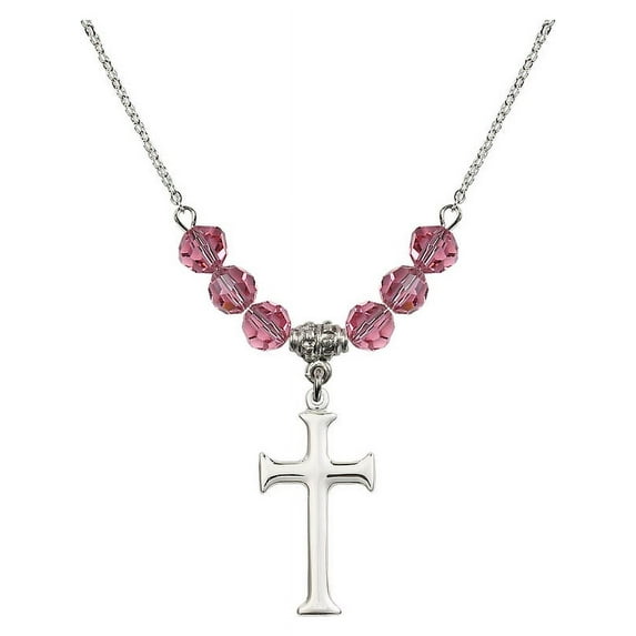 18-Inch Rhodium Plated Necklace with 6mm Rose Pink October Birth Month Stone Beads and Cross Charm
