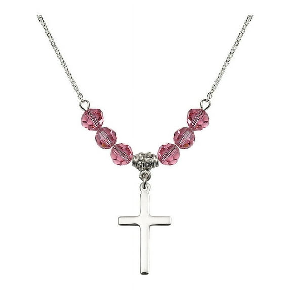 18-Inch Rhodium Plated Necklace with 6mm Rose Pink October Birth Month Stone Beads and Cross Charm
