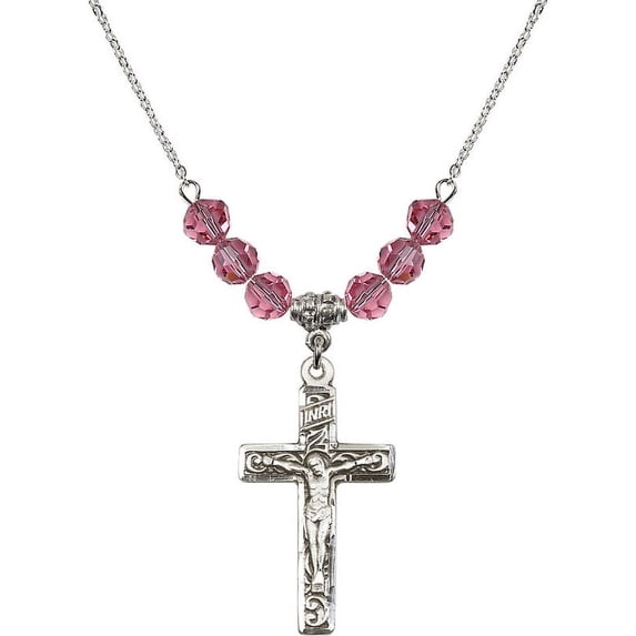 18-Inch Rhodium Plated Necklace with 6mm Rose Pink October Birth Month Stone Beads and Crucifix Charm