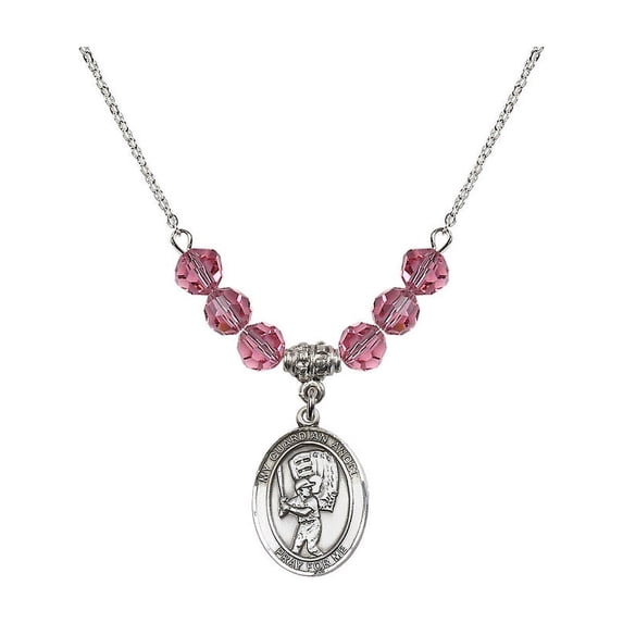 18-Inch Rhodium Plated Necklace with 6mm Rose Pink October Birth Month Stone Beads and Guardian Angel/Baseball Charm
