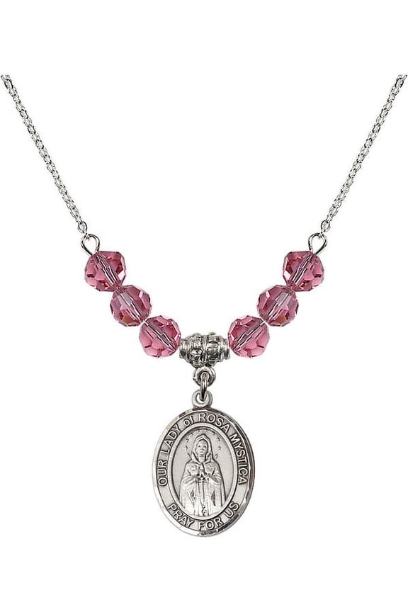18-Inch Rhodium Plated Necklace with 6mm Rose Pink October Birth Month Stone Beads and Our Lady of Rosa Mystica Charm