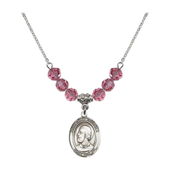 18-Inch Rhodium Plated Necklace with 6mm Rose Pink October Birth Month Stone Beads and Pope Saint Eugene I Charm