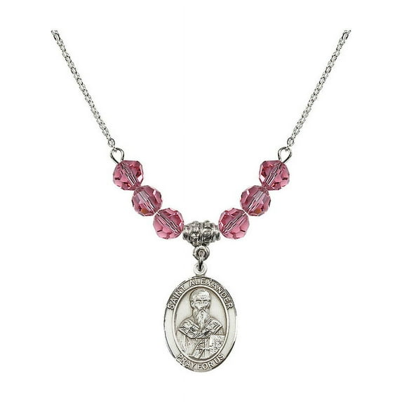 18-Inch Rhodium Plated Necklace with 6mm Rose Pink October Birth Month Stone Beads and Saint Alexander Sauli Charm