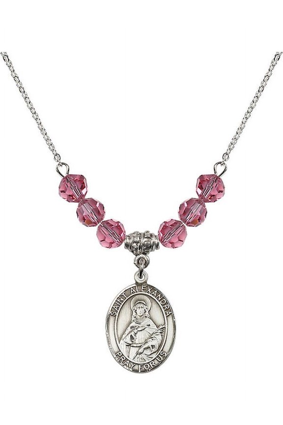 18-Inch Rhodium Plated Necklace with 6mm Rose Pink October Birth Month Stone Beads and Saint Alexandra Charm