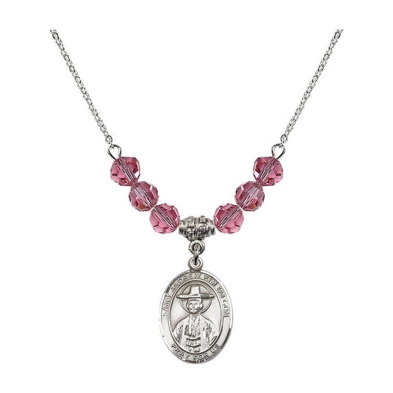 18-Inch Rhodium Plated Necklace with 6mm Rose Pink October Birth Month Stone Beads and Saint Andrew Kim Taegon Charm