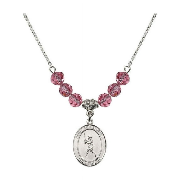 18-Inch Rhodium Plated Necklace with 6mm Rose Pink October Birth Month Stone Beads and Saint Christopher/Baseball Charm