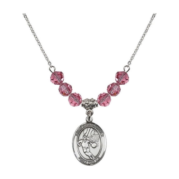 18-Inch Rhodium Plated Necklace with 6mm Rose Pink October Birth Month Stone Beads and Saint Christopher/Basketball Charm