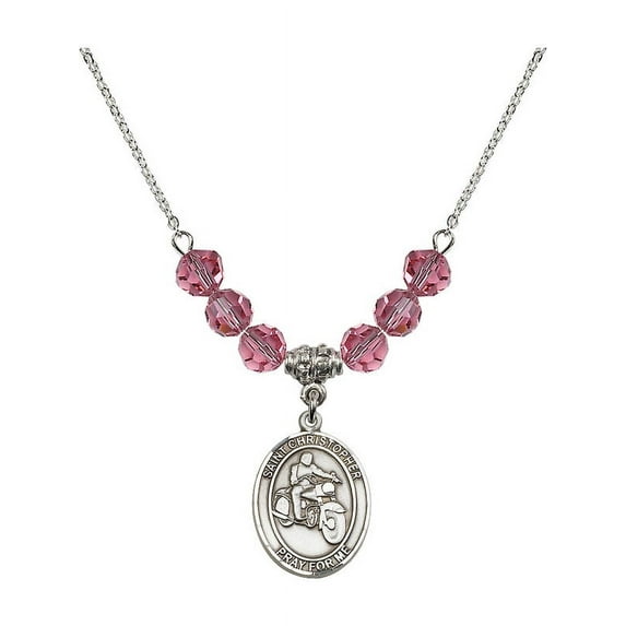 18-Inch Rhodium Plated Necklace with 6mm Rose Pink October Birth Month Stone Beads and Saint Christopher/Motorcycle Charm