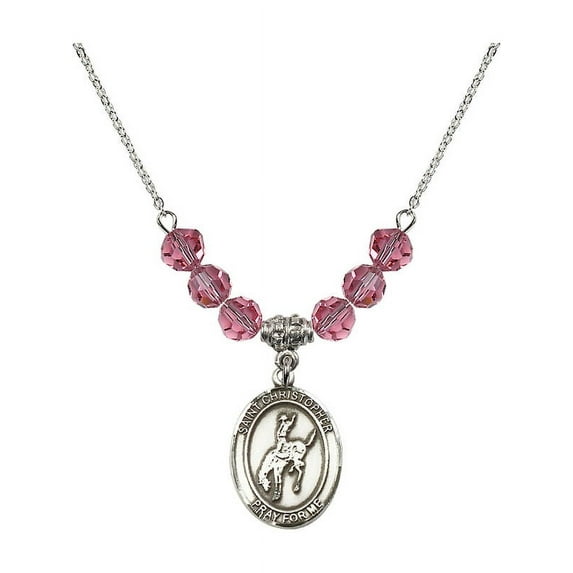 18-Inch Rhodium Plated Necklace with 6mm Rose Pink October Birth Month Stone Beads and Saint Christopher / Rodeo Charm