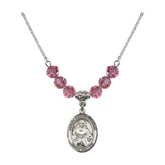 18-Inch Rhodium Plated Necklace with 6mm Rose Pink October Birth Month Stone Beads and Saint Julie Billiart Charm