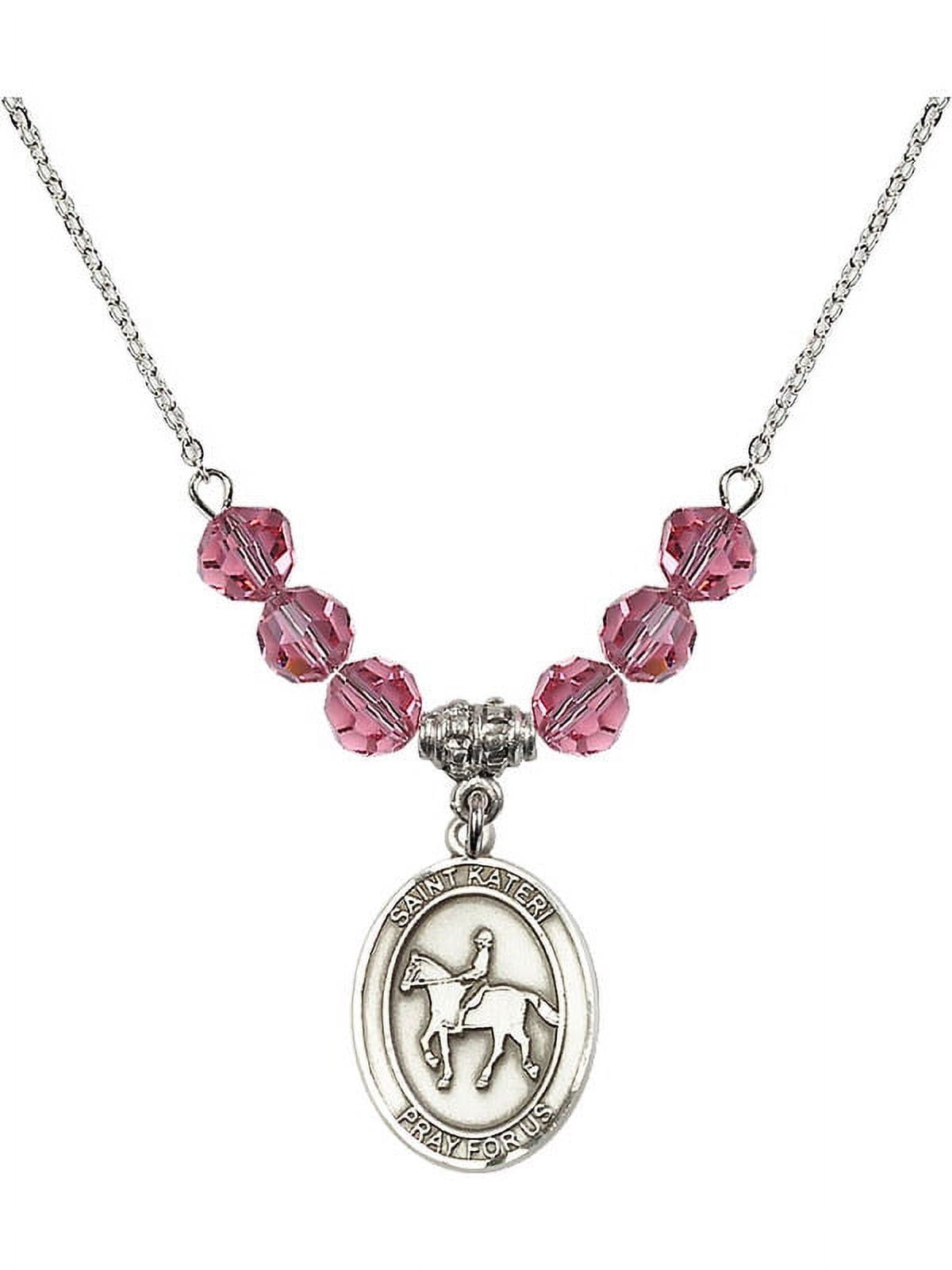 18-Inch Rhodium Plated Necklace with 6mm Rose Pink October Birth Month Stone Beads and Saint Kateri/Equestrian Charm
