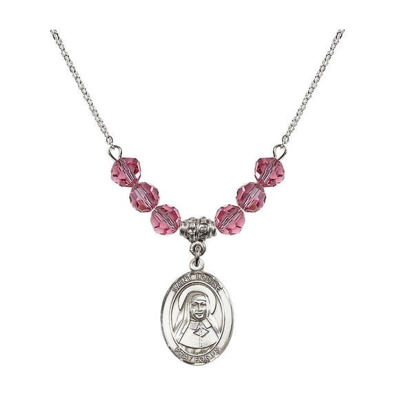 18-Inch Rhodium Plated Necklace with 6mm Rose Pink October Birth Month Stone Beads and Saint Louise de Marillac Charm