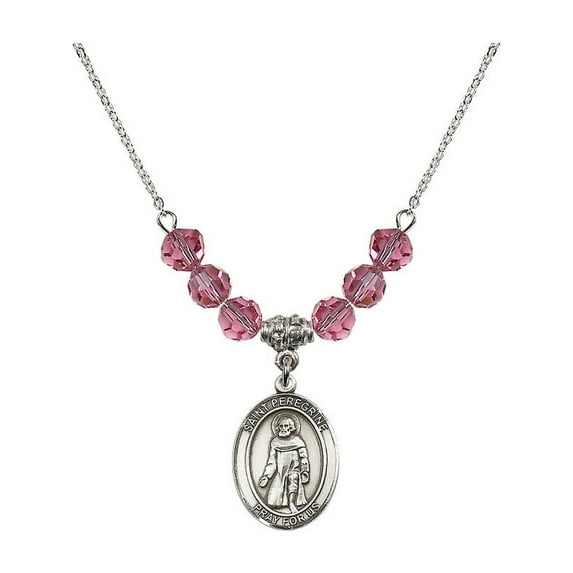18-Inch Rhodium Plated Necklace with 6mm Rose Pink October Birth Month Stone Beads and Saint Peregrine Laziosi Charm