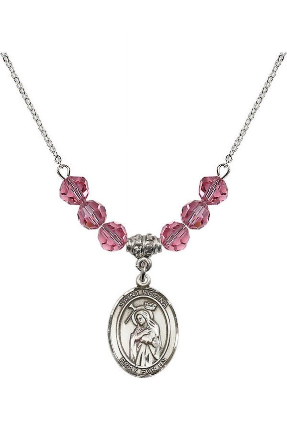 18-Inch Rhodium Plated Necklace with 6mm Rose Pink October Birth Month Stone Beads and Saint Regina Charm