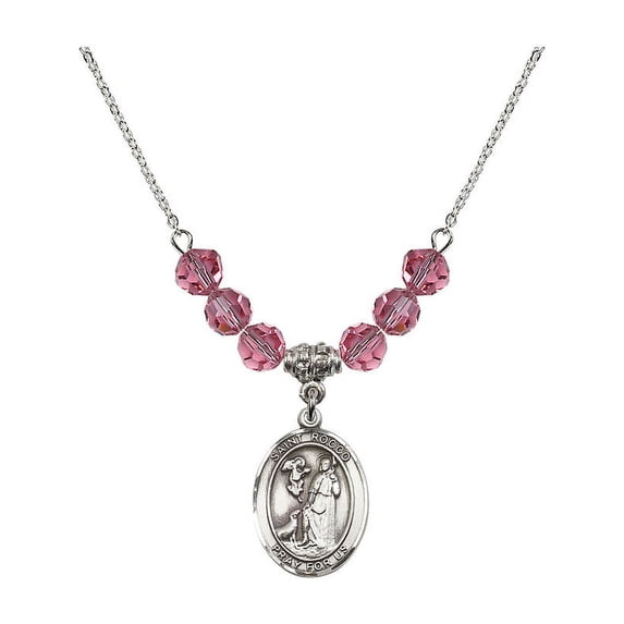 18-Inch Rhodium Plated Necklace with 6mm Rose Pink October Birth Month Stone Beads and Saint Rocco Charm