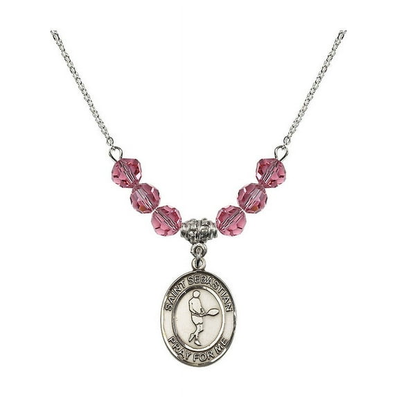 18-Inch Rhodium Plated Necklace with 6mm Rose Pink October Birth Month Stone Beads and Saint Sebastian/Tennis Charm