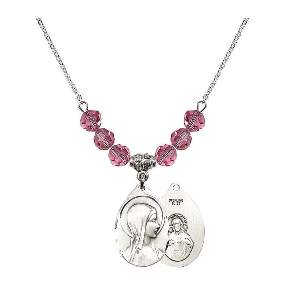 18-Inch Rhodium Plated Necklace with 6mm Rose Pink October Birth Month Stone Beads and Sorrowful Mother Charm