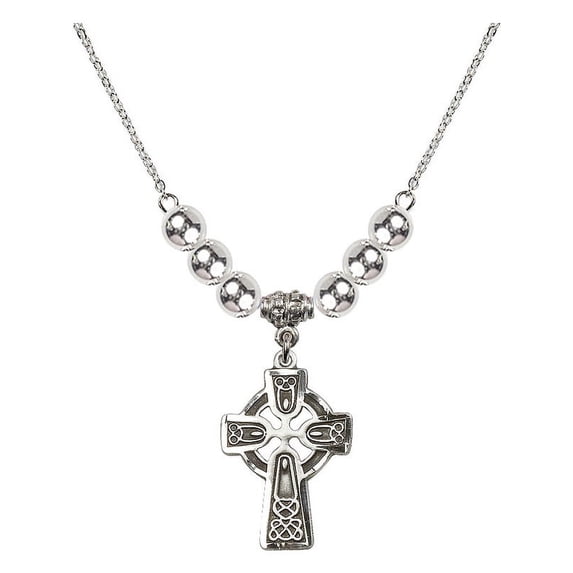 18-Inch Rhodium Plated Necklace with 6mm Sterling Silver Beads and Celtic Cross Charm