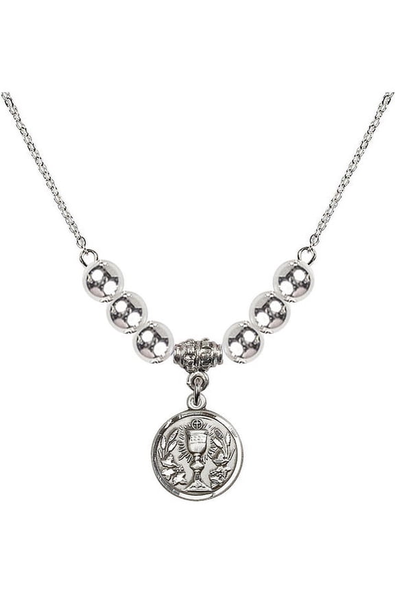 18-Inch Rhodium Plated Necklace with 6mm Sterling Silver Beads and Communion Chalice Charm