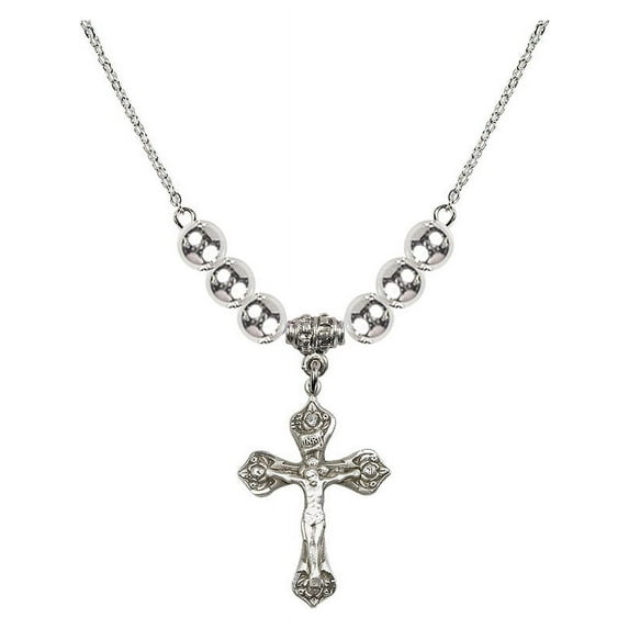 18-Inch Rhodium Plated Necklace with 6mm Sterling Silver Beads and Crucifix Charm