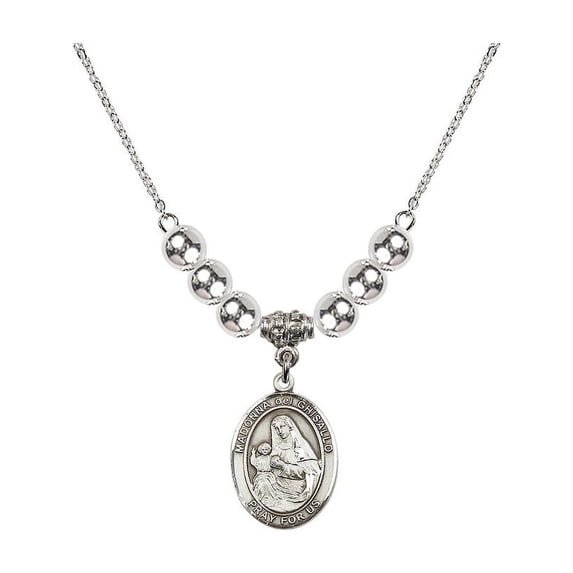 18-Inch Rhodium Plated Necklace with 6mm Sterling Silver Beads and Madonna del Ghisallo Charm