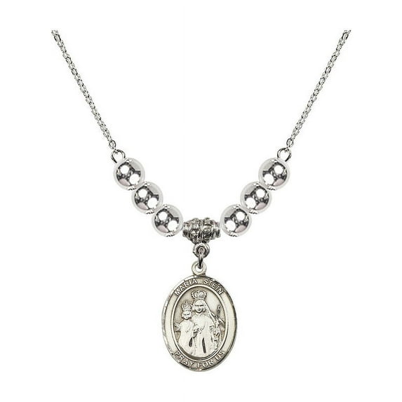 18-Inch Rhodium Plated Necklace with 6mm Sterling Silver Beads and Maria Stein Charm
