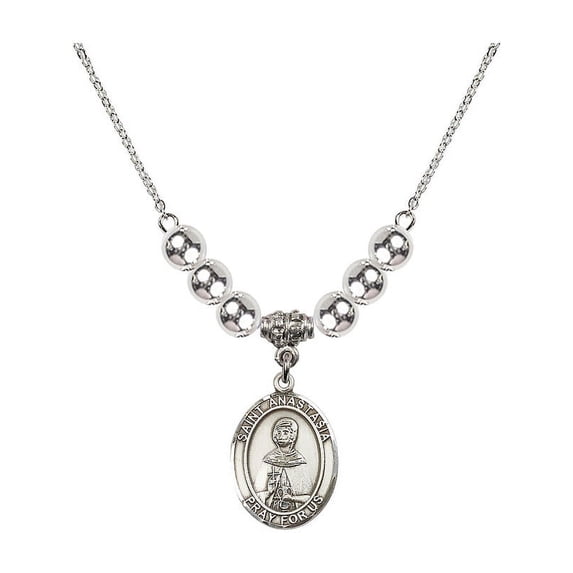 18-Inch Rhodium Plated Necklace with 6mm Sterling Silver Beads and Saint Anastasia Charm