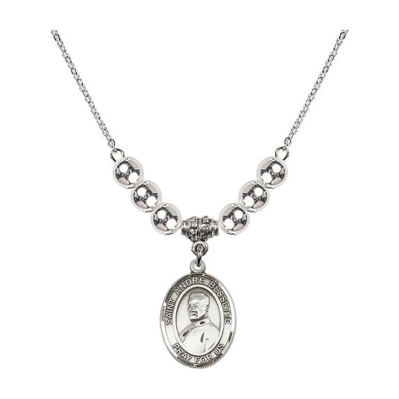 18-Inch Rhodium Plated Necklace with 6mm Sterling Silver Beads and Saint Andre Bessette Charm