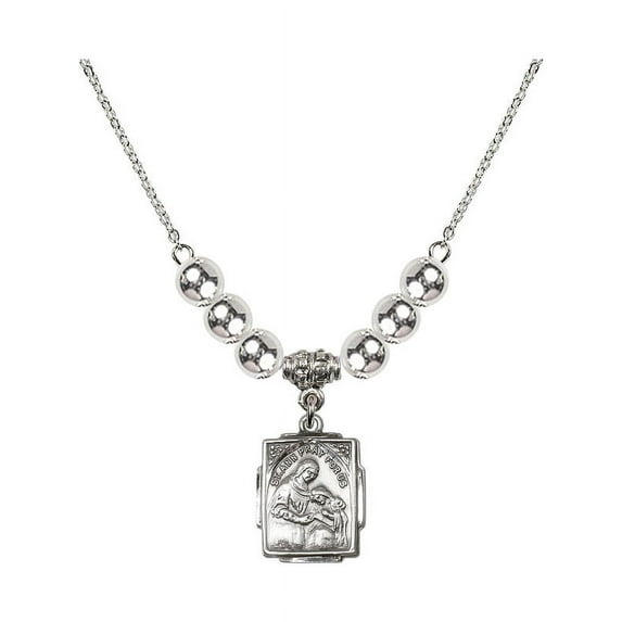 18-Inch Rhodium Plated Necklace with 6mm Sterling Silver Beads and Saint Ann Charm