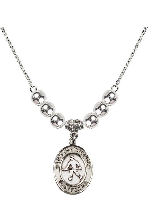 18-Inch Rhodium Plated Necklace with 6mm Sterling Silver Beads and Saint Christopher / Field Hockey Charm