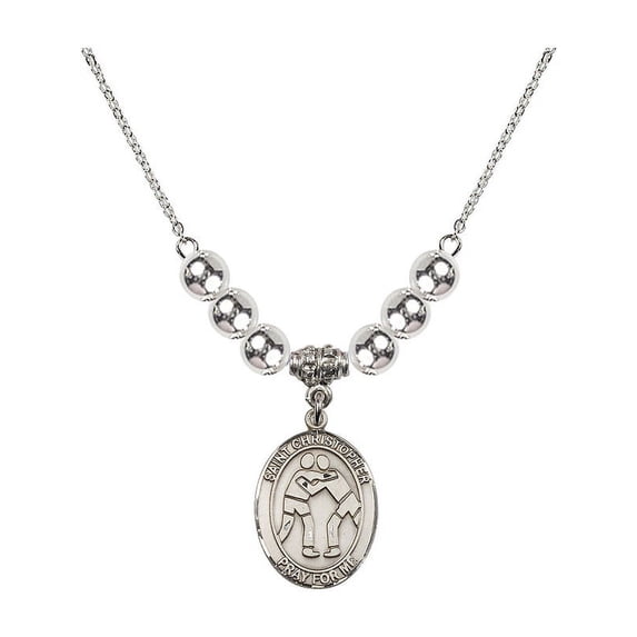 18-Inch Rhodium Plated Necklace with 6mm Sterling Silver Beads and Saint Christopher/Wrestling Charm