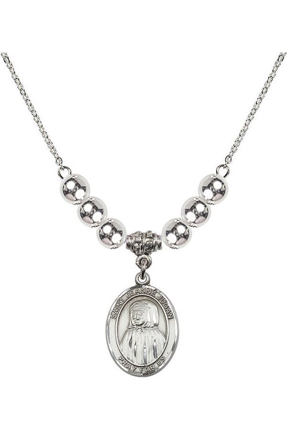 18-Inch Rhodium Plated Necklace with 6mm Sterling Silver Beads and Saint Jeanne Jugan Charm