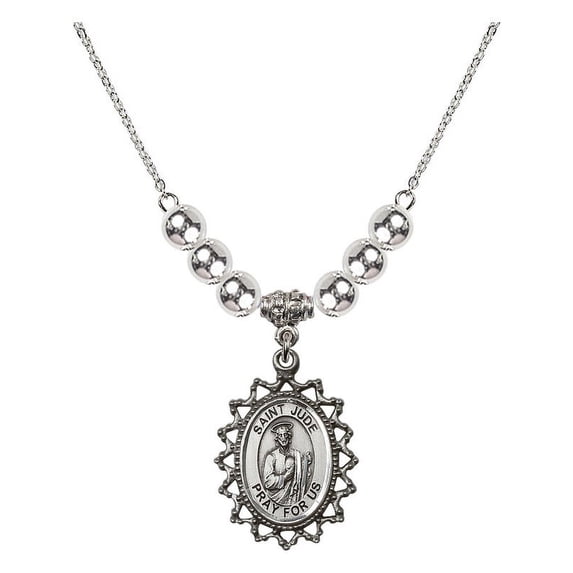 18-Inch Rhodium Plated Necklace with 6mm Sterling Silver Beads and Saint Jude Charm