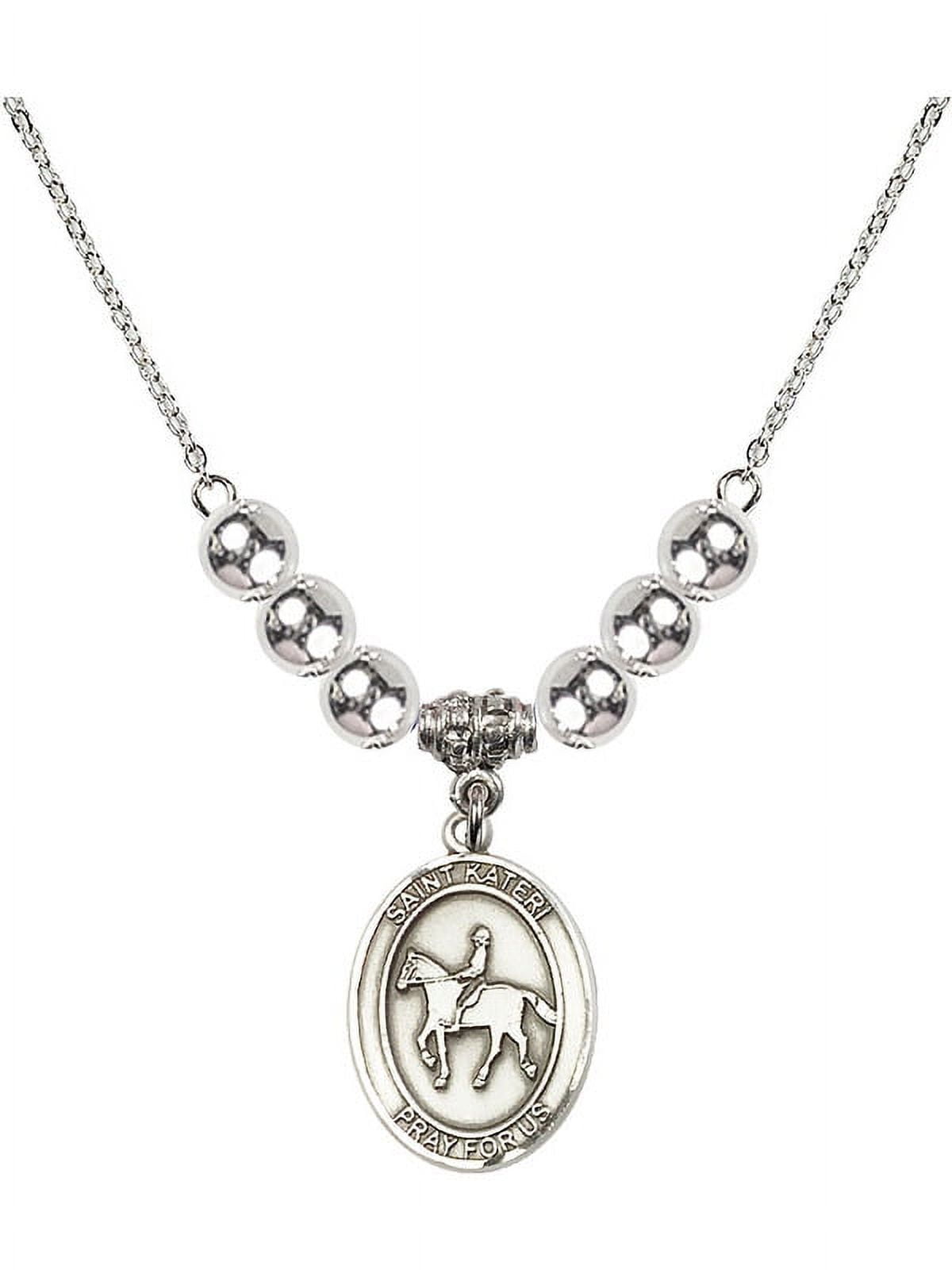 18-Inch Rhodium Plated Necklace with 6mm Sterling Silver Beads and Saint Kateri/Equestrian Charm