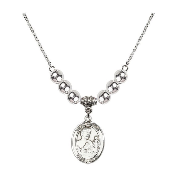 18-Inch Rhodium Plated Necklace with 6mm Sterling Silver Beads and Saint Kieran Charm