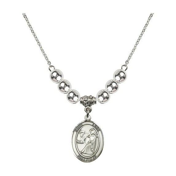 18-Inch Rhodium Plated Necklace with 6mm Sterling Silver Beads and Saint Luke the Apostle Charm