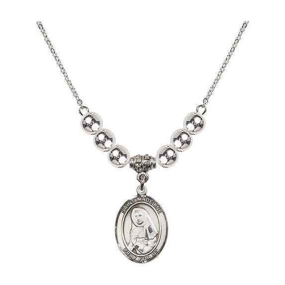 18-Inch Rhodium Plated Necklace with 6mm Sterling Silver Beads and Saint Madeline Sophie Barat Charm