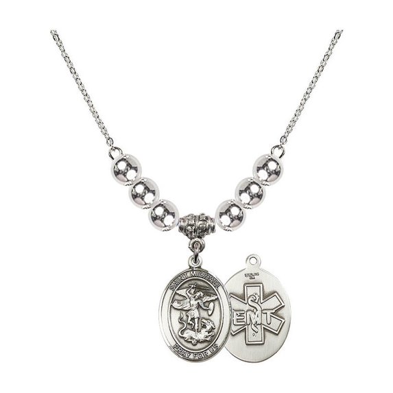 18-Inch Rhodium Plated Necklace with 6mm Sterling Silver Beads and Saint Michael / EMT Charm