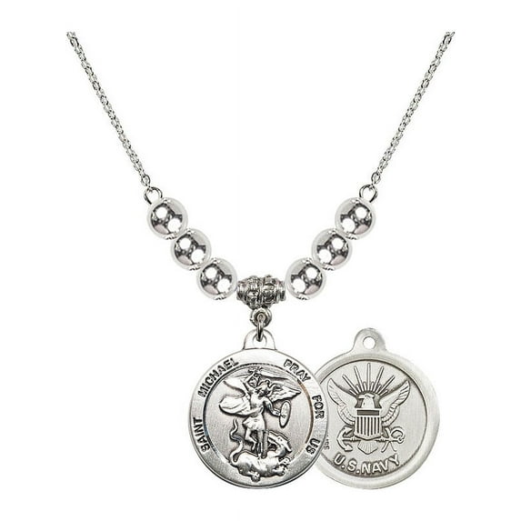 18-Inch Rhodium Plated Necklace with 6mm Sterling Silver Beads and Saint Michael / Navy Charm