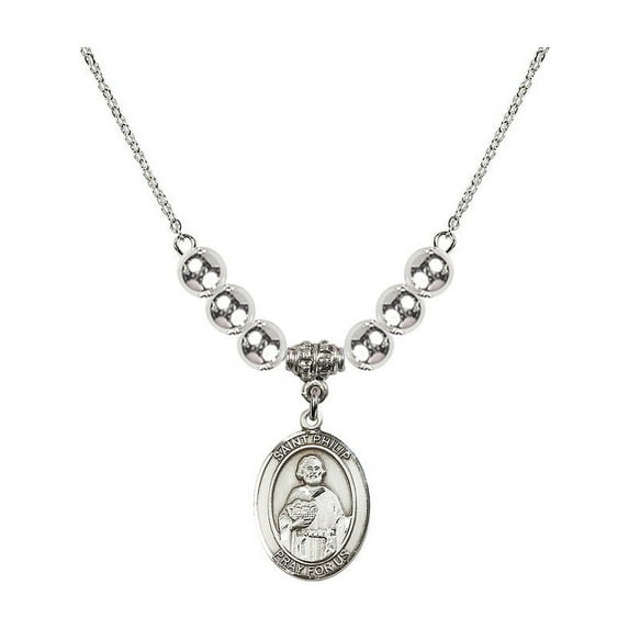 18-Inch Rhodium Plated Necklace with 6mm Sterling Silver Beads and Saint Philip the Apostle Charm