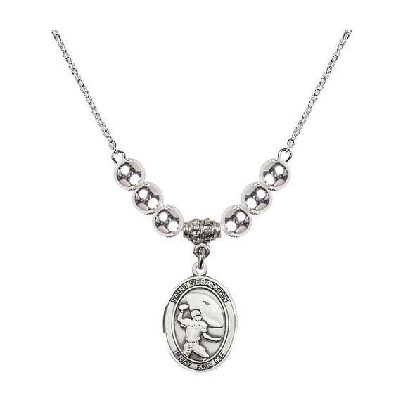 18-Inch Rhodium Plated Necklace with 6mm Sterling Silver Beads and Saint Sebastian / Football Charm