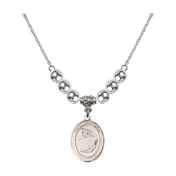 18-Inch Rhodium Plated Necklace with 6mm Sterling Silver Beads and Saint Sebastian/Gymnastics Charm
