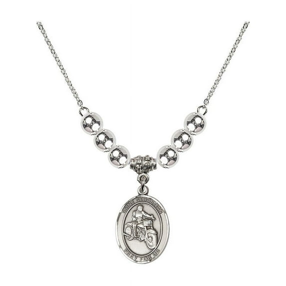 18-Inch Rhodium Plated Necklace with 6mm Sterling Silver Beads and Saint Sebastian / Motorcycle Charm
