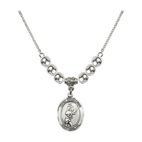 18-Inch Rhodium Plated Necklace with 6mm Sterling Silver Beads and Saint Sebastian/Softball Charm