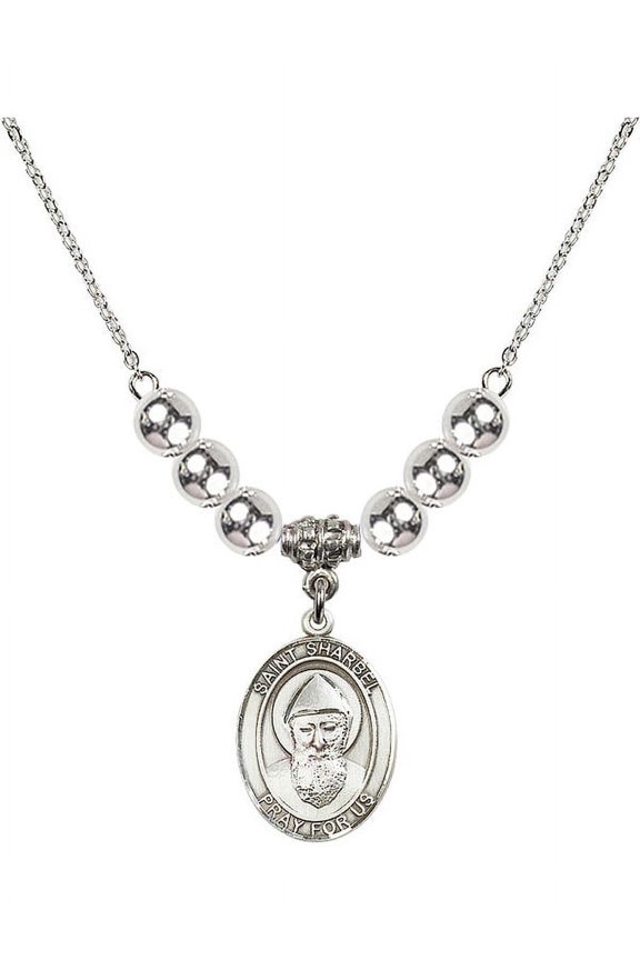 18-Inch Rhodium Plated Necklace with 6mm Sterling Silver Beads and Saint Sharbel Charm