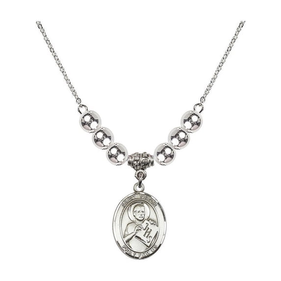 18-Inch Rhodium Plated Necklace with 6mm Sterling Silver Beads and Saint Viator of Bergamo Charm