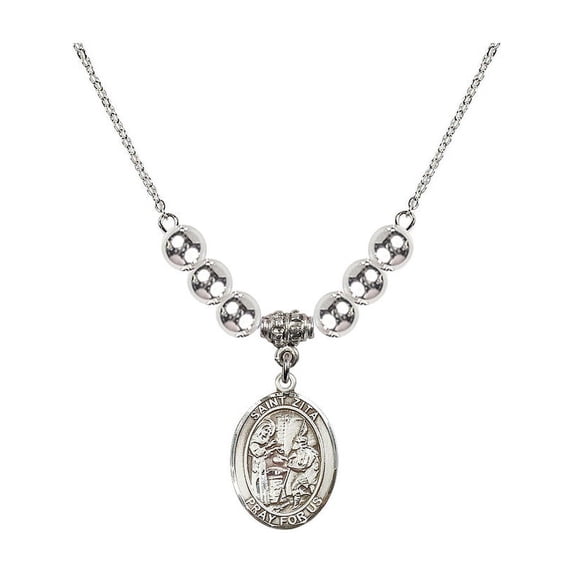 18-Inch Rhodium Plated Necklace with 6mm Sterling Silver Beads and Saint Zita Charm